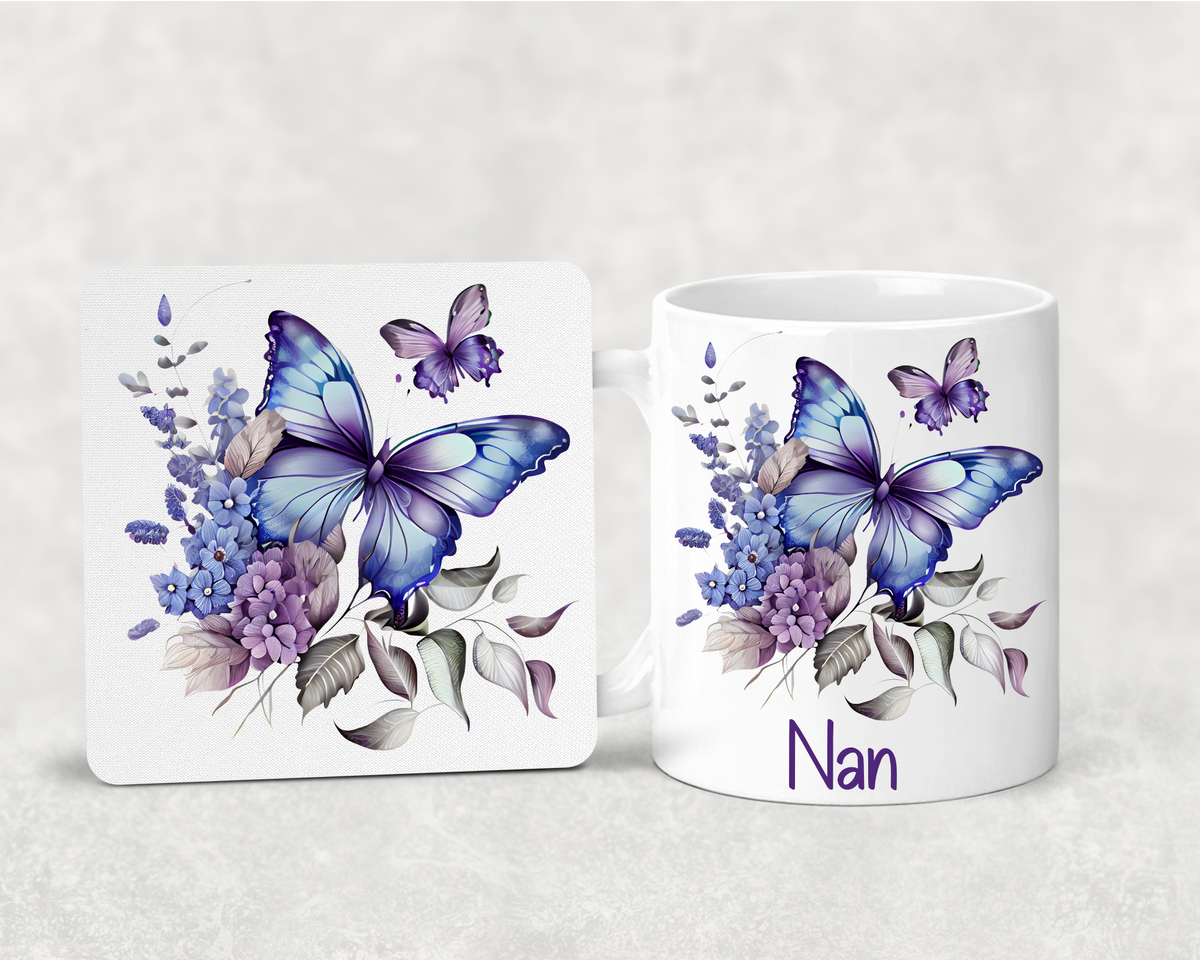 Personalised Butterfly Mug & Coaster Set – Custom Name Mug – Purple Butterfly Gift – Gift for Her