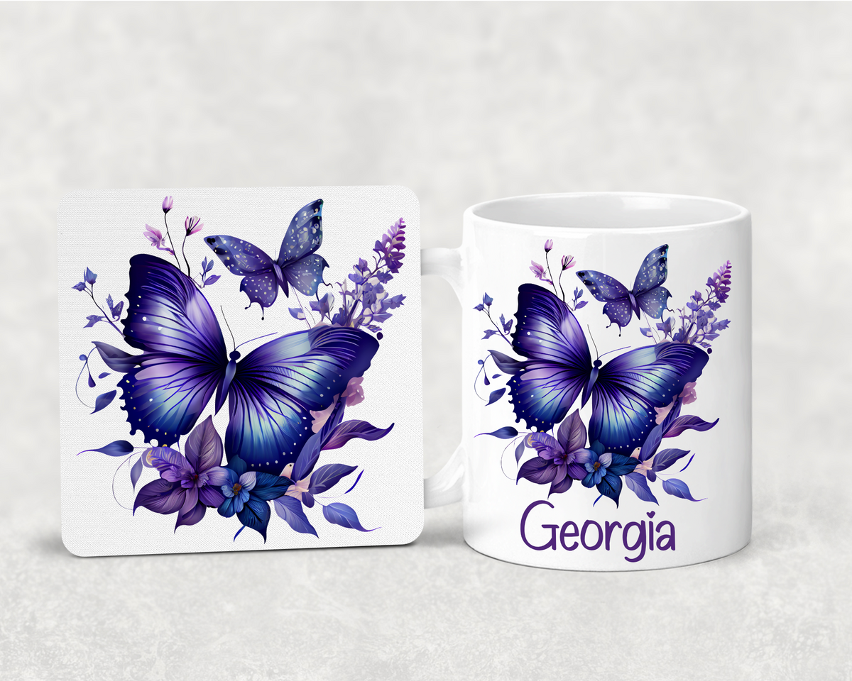 Personalised Butterfly Mug & Coaster Set – Custom Name Mug – Purple Butterfly Gift – Gift for Her