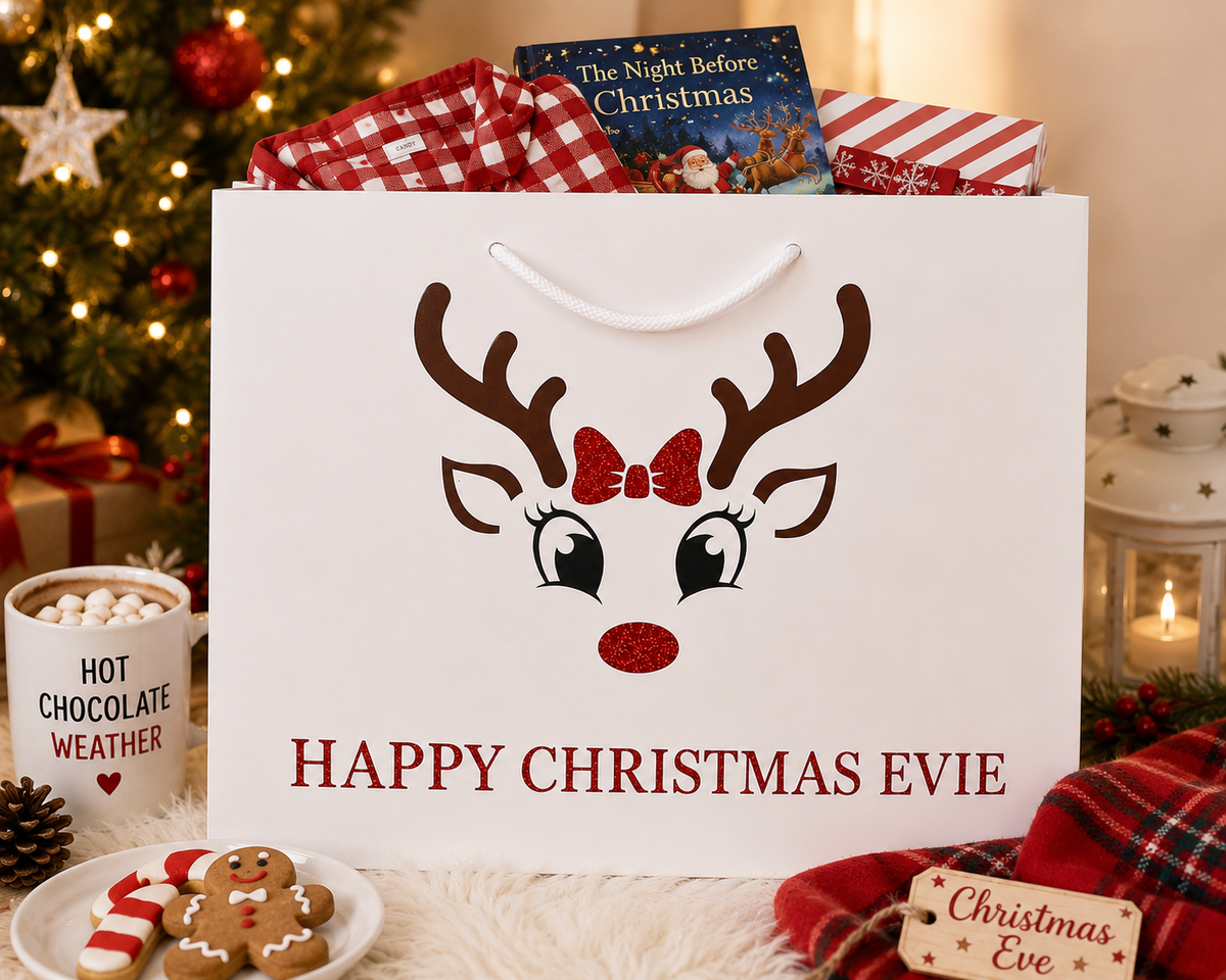 Personalised Reindeer with Bow Christmas Gift Bag
