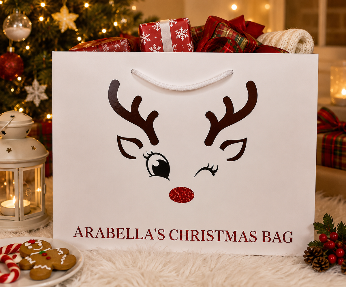 Personalised Winking Reindeer Christmas Gift Bag