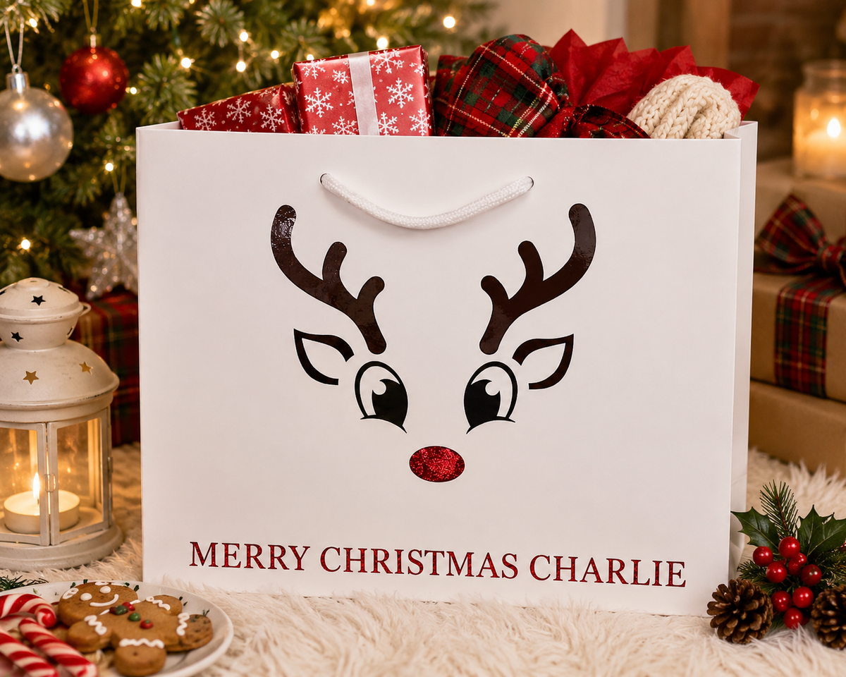 Personalised Cute Reindeer Christmas Gift Bag