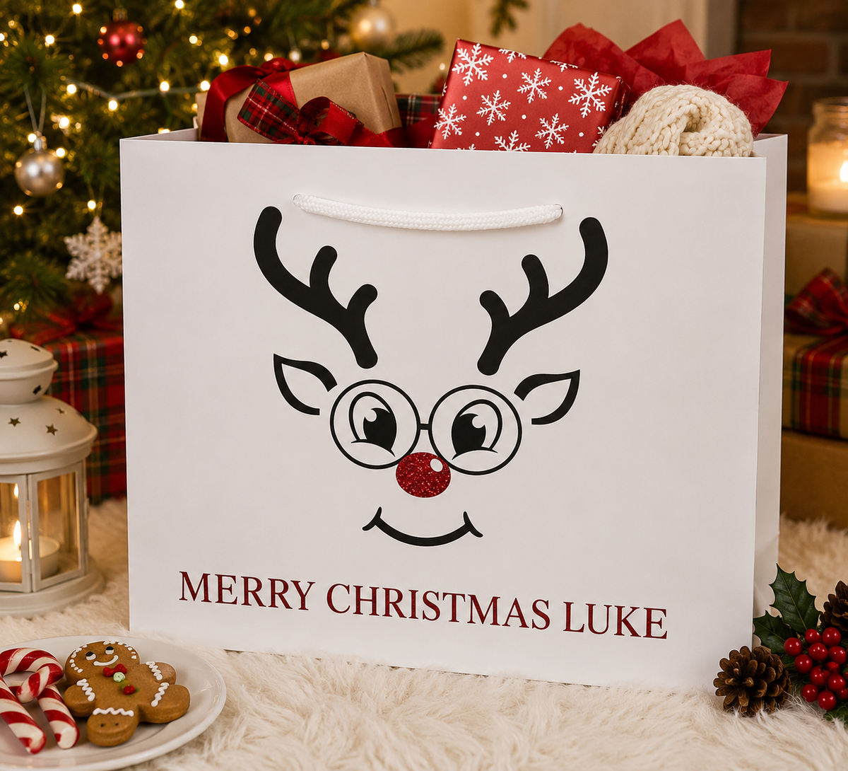 Personalised Boy Reindeer With Glasses Christmas Gift Bag