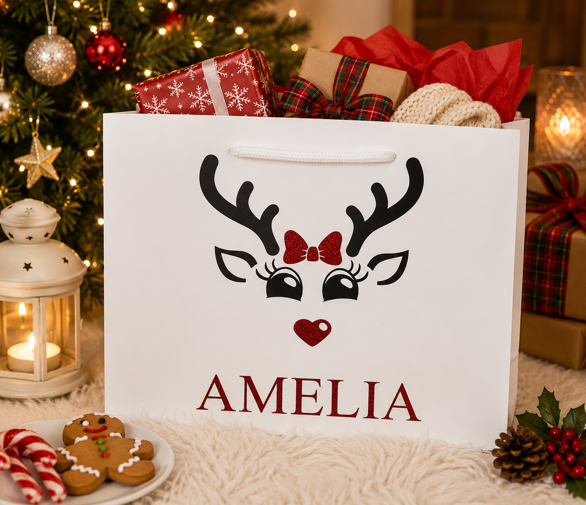 Personalised Girl Reindeer With Heart Nose Christmas Gift Bag