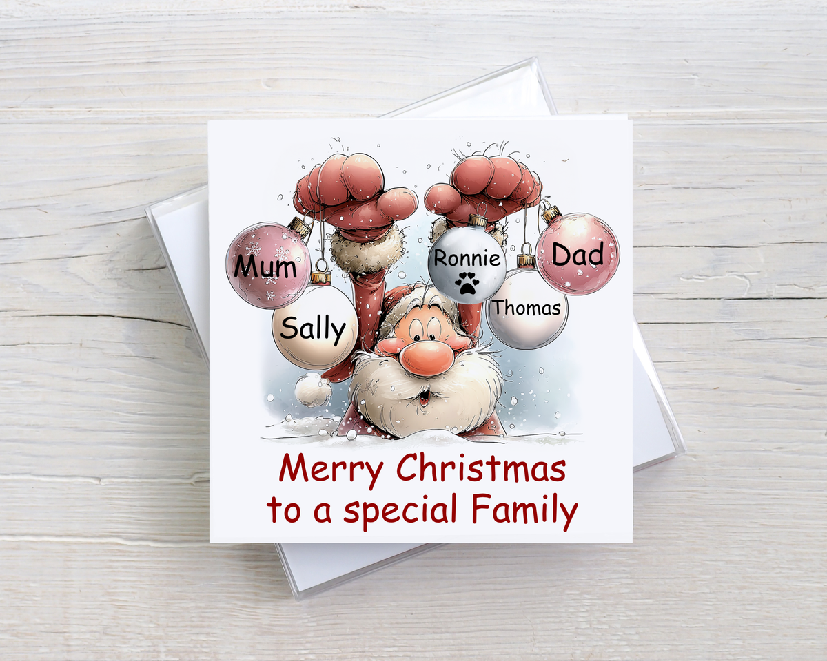Personalised Family Christmas Card – Santa Bauble Christmas Card – Any Names & Relation