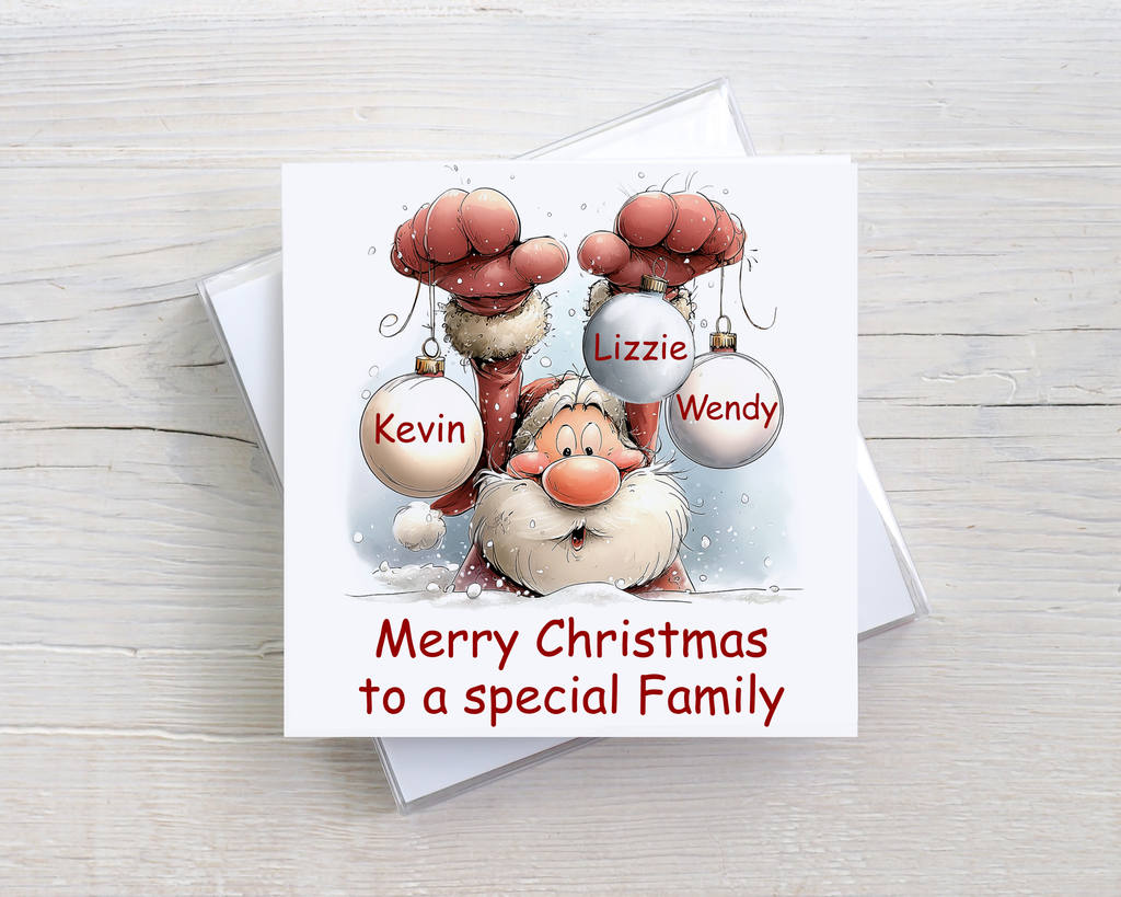 Personalised Family Christmas Card – Santa Bauble Christmas Card – Any Names & Relation