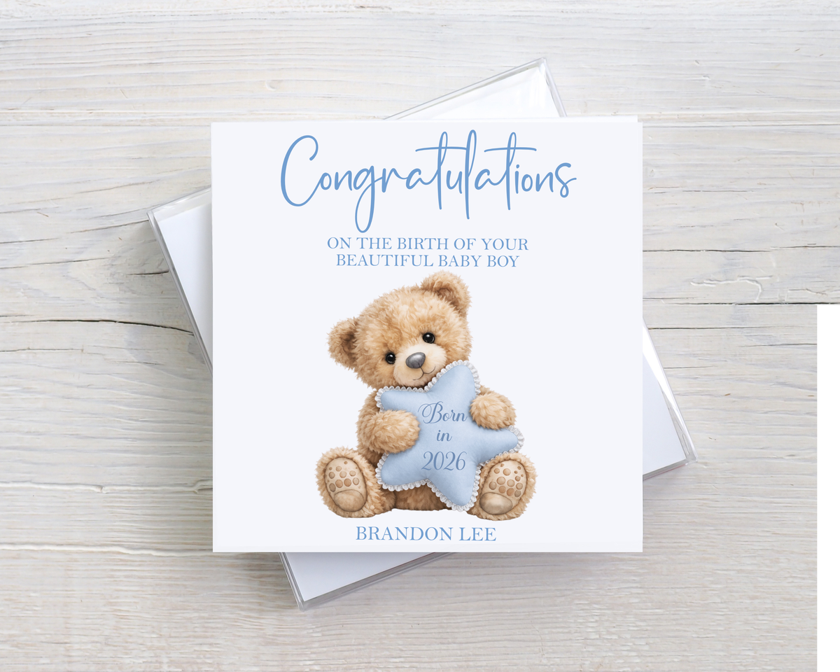 Personalised New Baby Boy Card – Congratulations Teddy Bear Card