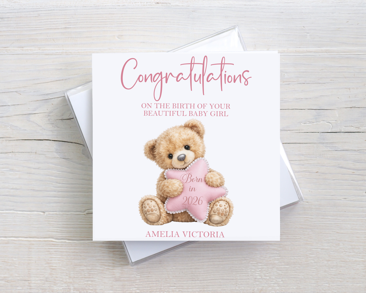 Personalised New Baby Girl Card – Congratulations Teddy Bear Card (Copy)