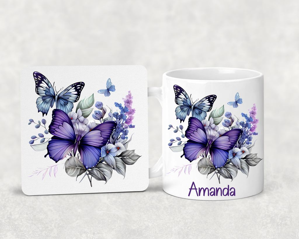 Personalised Butterfly Mug & Coaster Set – Custom Name Mug – Purple Butterfly Gift – Gift for Her