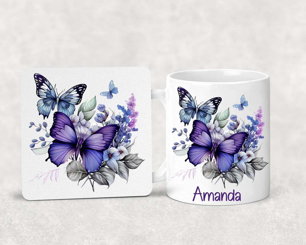 Personalised Butterfly Mug & Coaster Set – Custom Name Mug – Purple Butterfly Gift – Gift for Her
