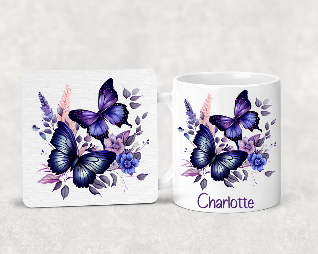 Personalised Butterfly Mug & Coaster Set – Custom Name Mug – Purple Butterfly Gift – Gift for Her