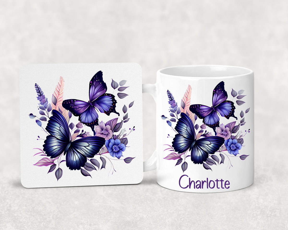 Personalised Butterfly Mug & Coaster Set – Custom Name Mug – Purple Butterfly Gift – Gift for Her