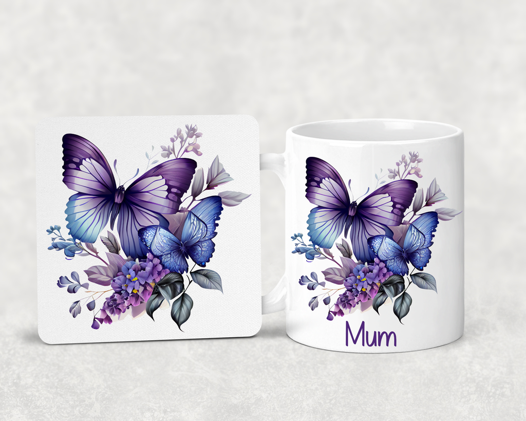 Personalised Butterfly Mug & Coaster Set – Custom Name Mug – Purple Butterfly Gift – Gift for Her