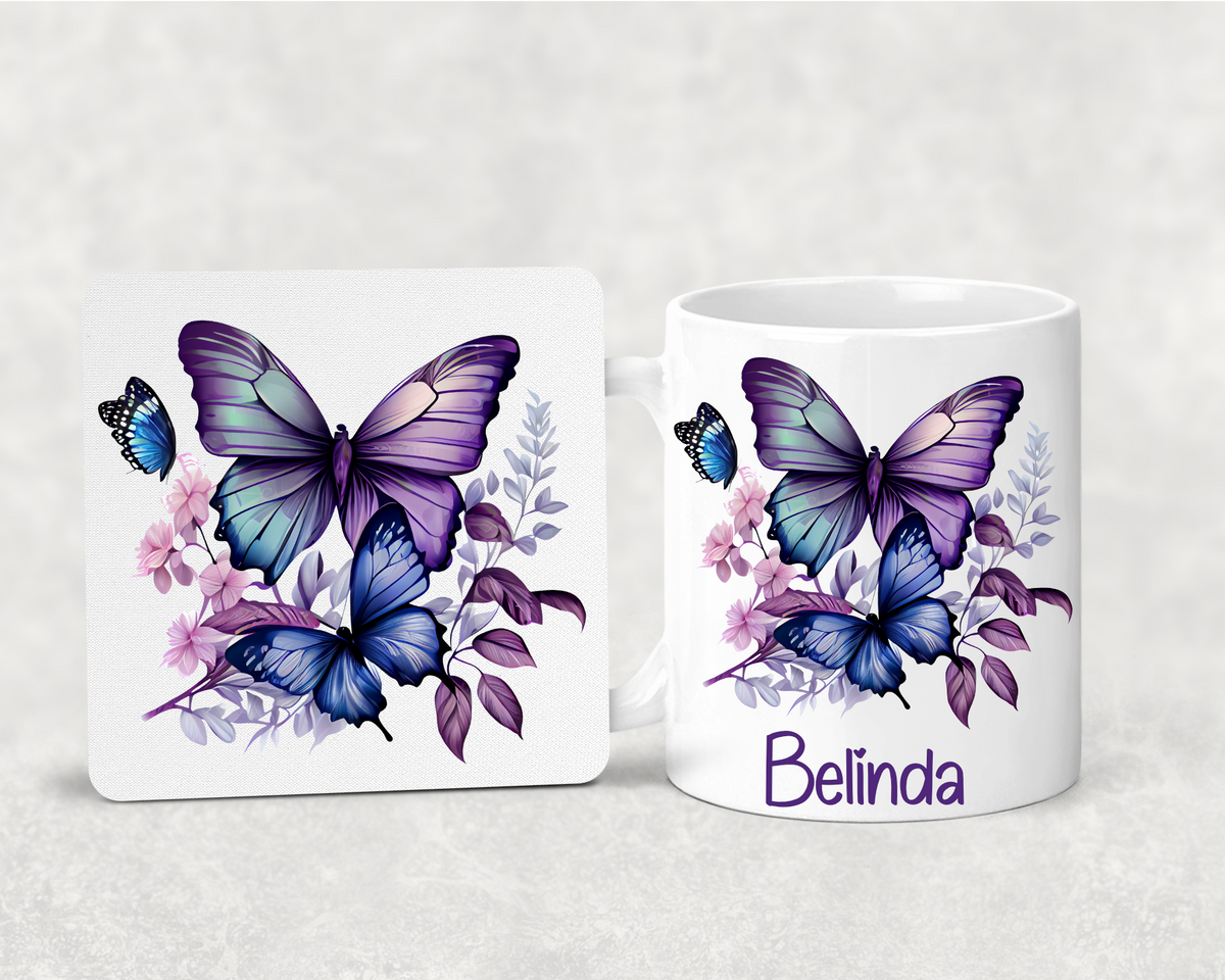 Personalised Butterfly Mug & Coaster Set – Custom Name Mug – Purple Butterfly Gift – Gift for Her