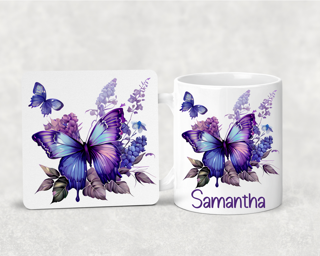 Personalised Butterfly Mug & Coaster Set – Custom Name Mug – Purple Butterfly Gift – Gift for Her