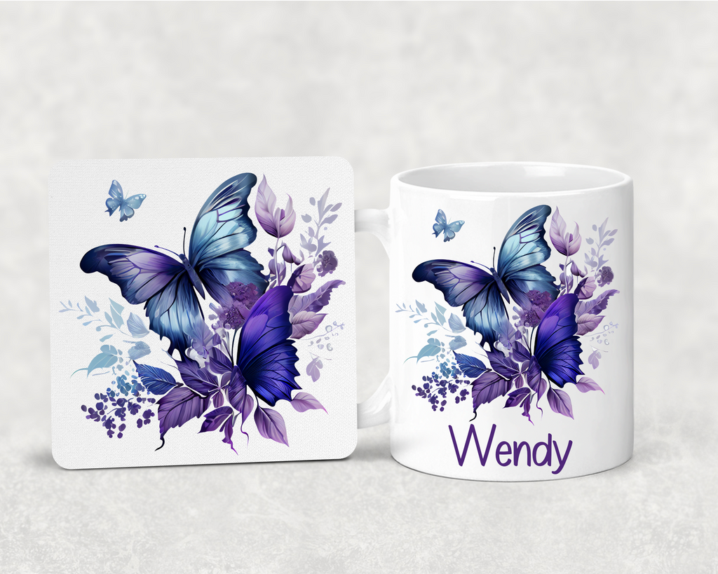 Personalised Butterfly Mug & Coaster Set – Custom Name Mug – Purple Butterfly Gift – Gift for Her