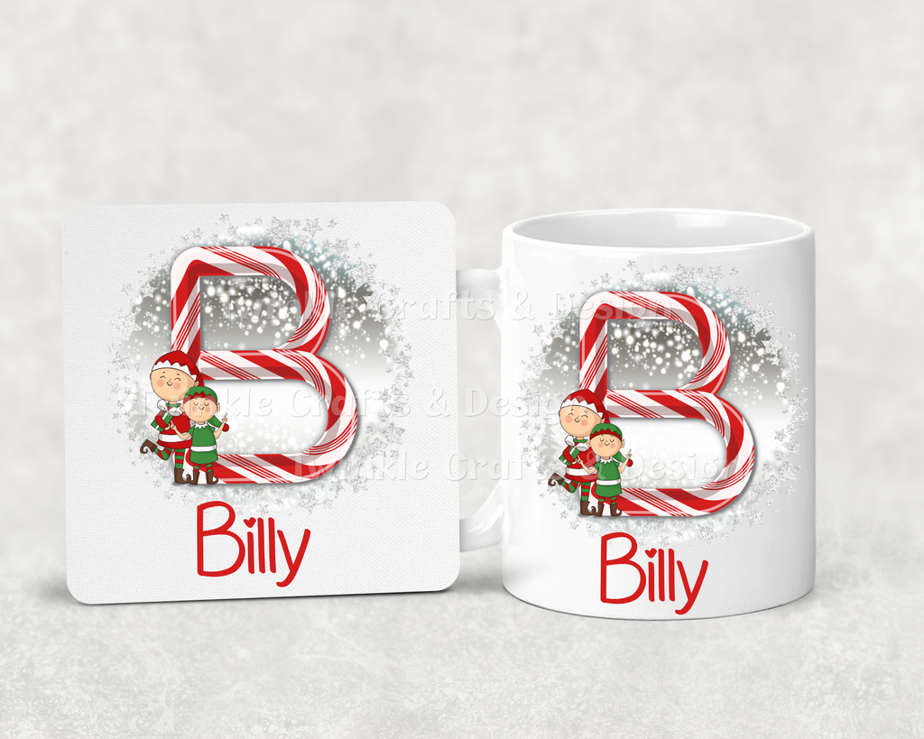 Personalised Candy Cane Initial Christmas Mug & Coaster