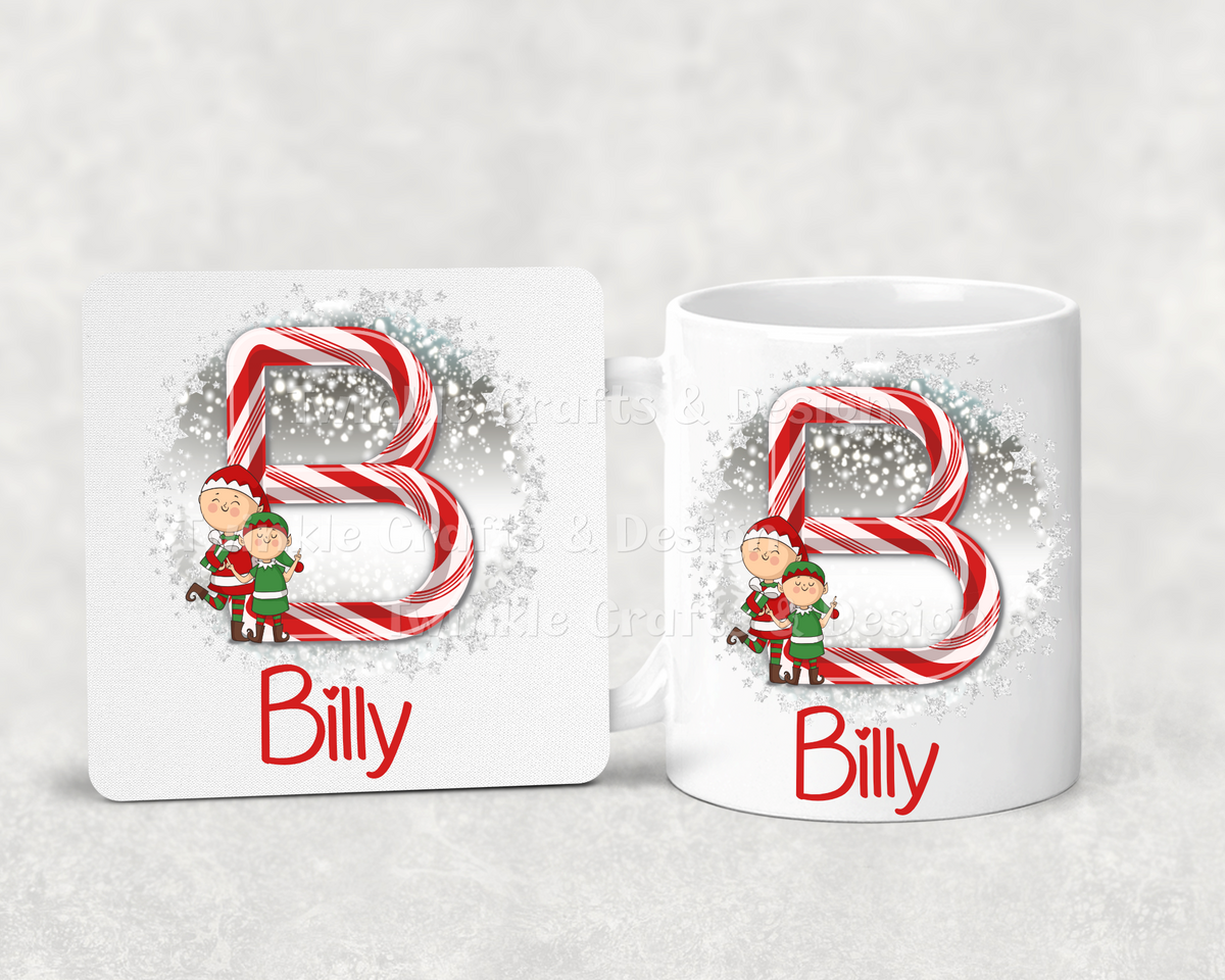 Personalised Candy Cane Initial Christmas Mug & Coaster