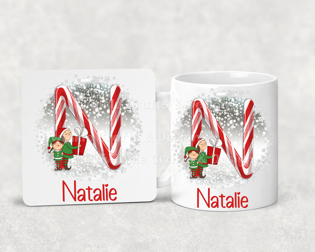 Personalised Candy Cane Initial Christmas Mug & Coaster