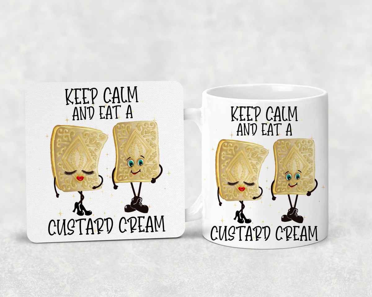 Keep Calm & Eat a Custard Cream Mug & Coaster – Funny Biscuit Gift