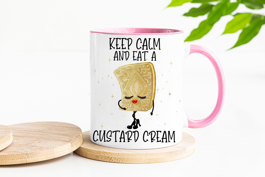 Keep Calm & Eat a Custard Cream Mug & Coaster – Funny Biscuit Gift
