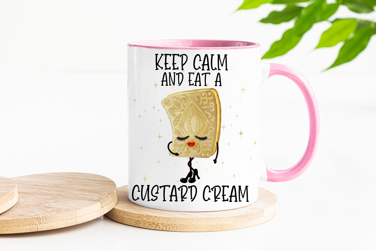 Keep Calm & Eat a Custard Cream Mug & Coaster – Funny Biscuit Gift