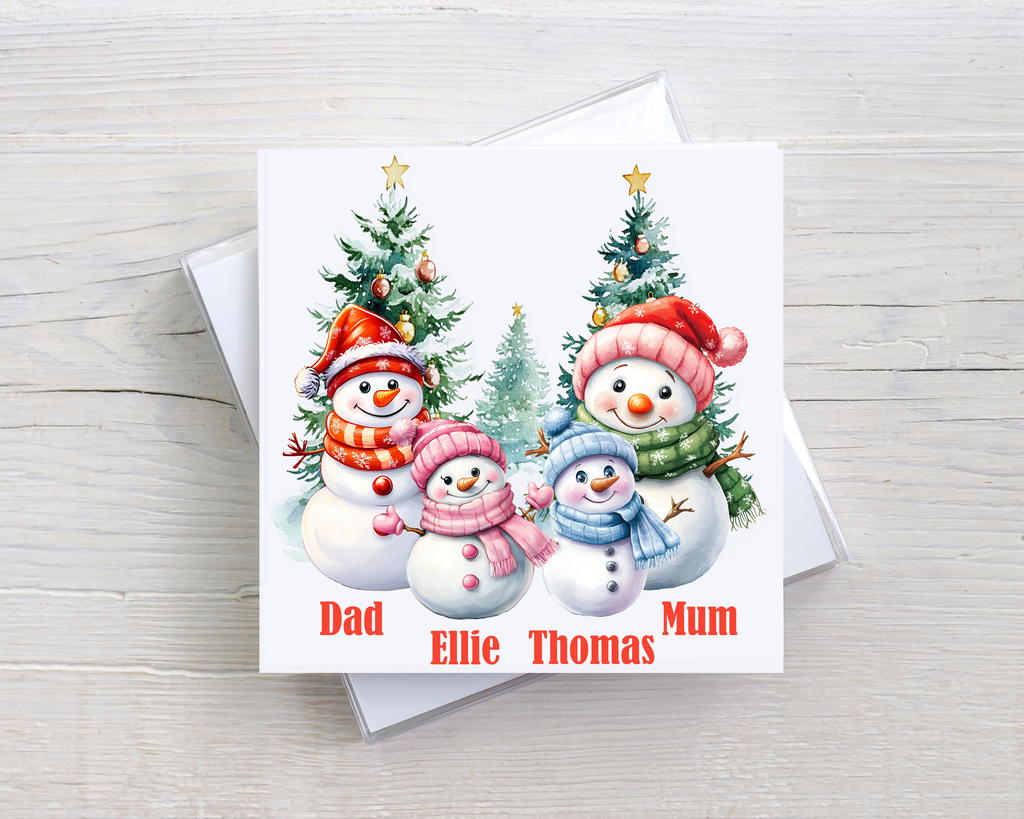 Personalised Family Snowman Christmas Card – Custom Names Christmas Card