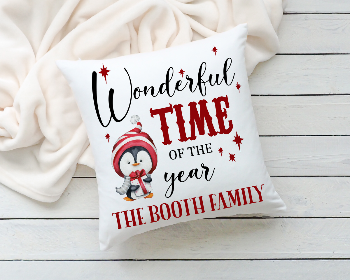 Personalised Family Christmas Cushion – Wonderful Time of the Year Penguin