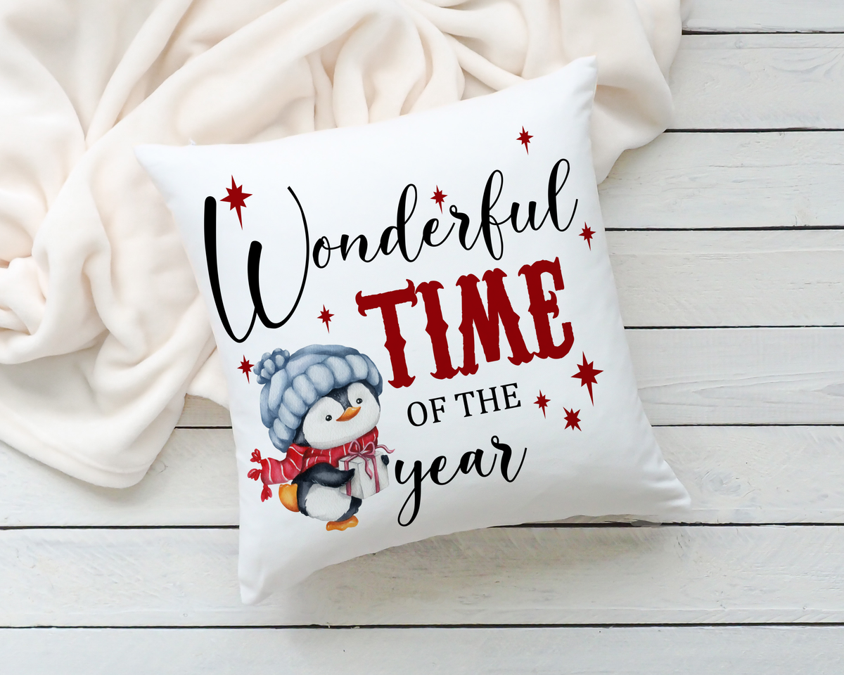Personalised Family Christmas Cushion – Wonderful Time of the Year Penguin