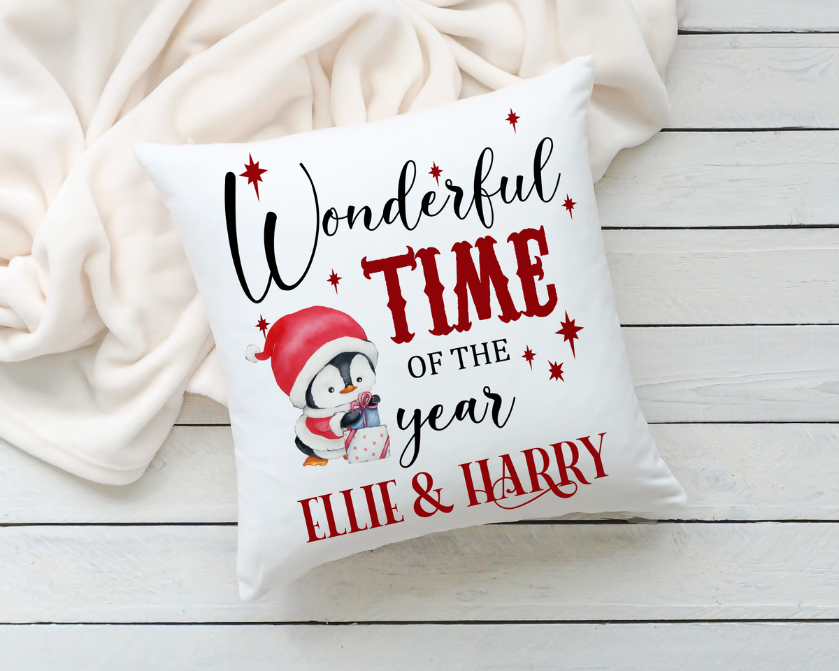 Personalised Family Christmas Cushion – Wonderful Time of the Year Penguin