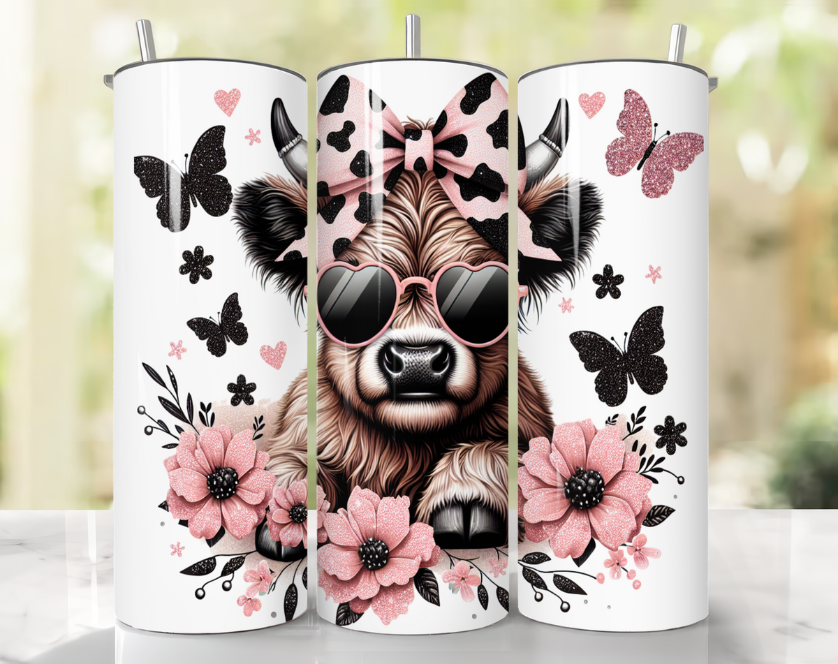 Highland Cow 20oz Skinny Tumbler – Pink Floral Design